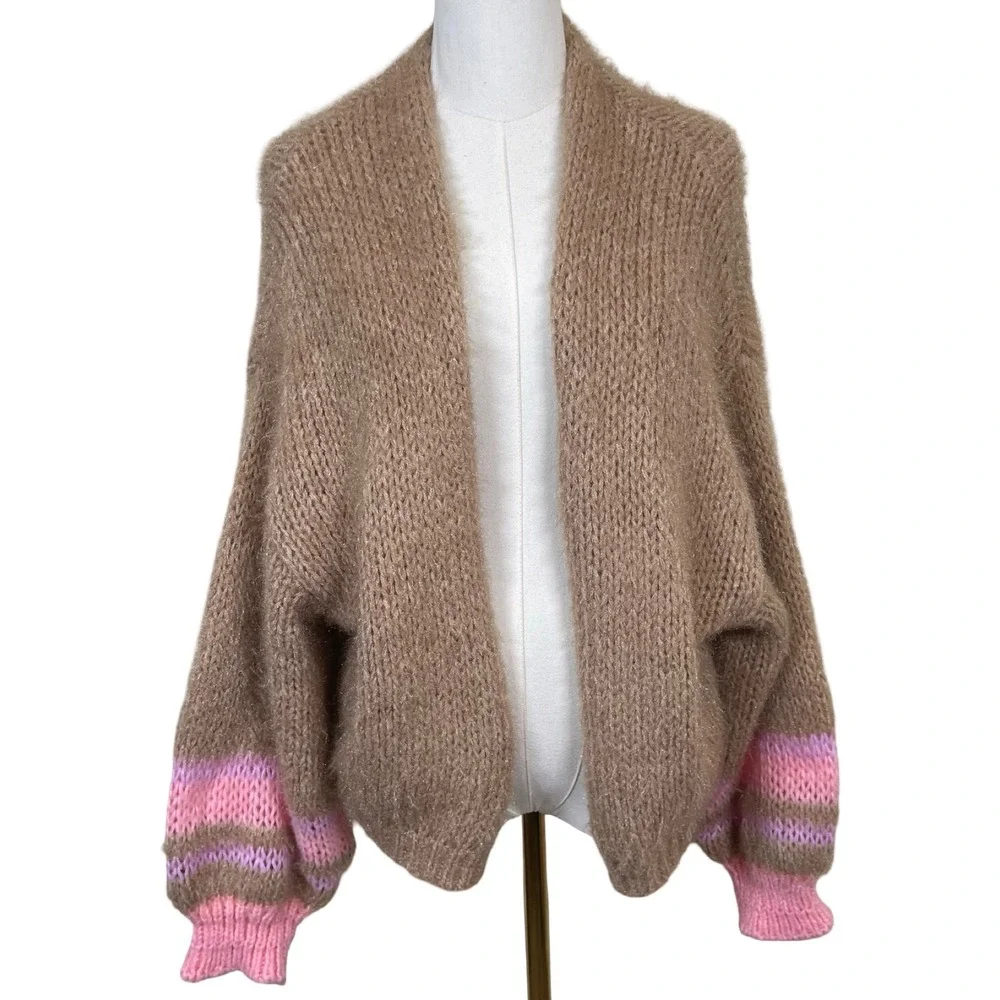Anthropologie Cardigan Sweater OS Tan Pink Metallic Knit Batwing Boho Chunky